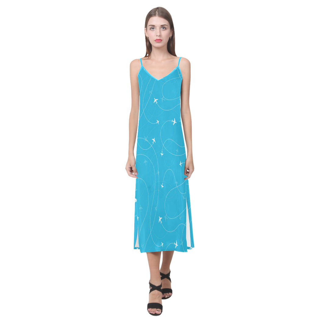 Airplane destinations blue background V-Neck Open Fork Long Dress