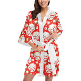 Cute Maneki neko cat red background Women's Short Kimono Robe