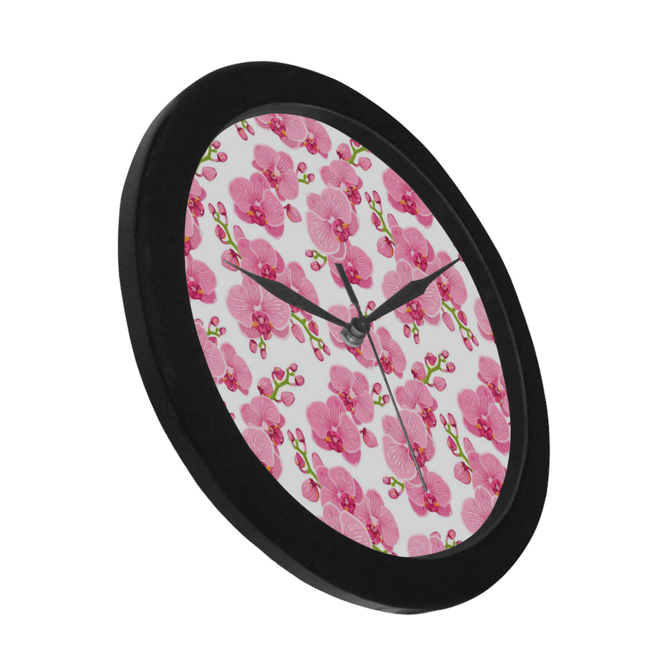 pink purple orchid pattern background Elegant Black Wall Clock
