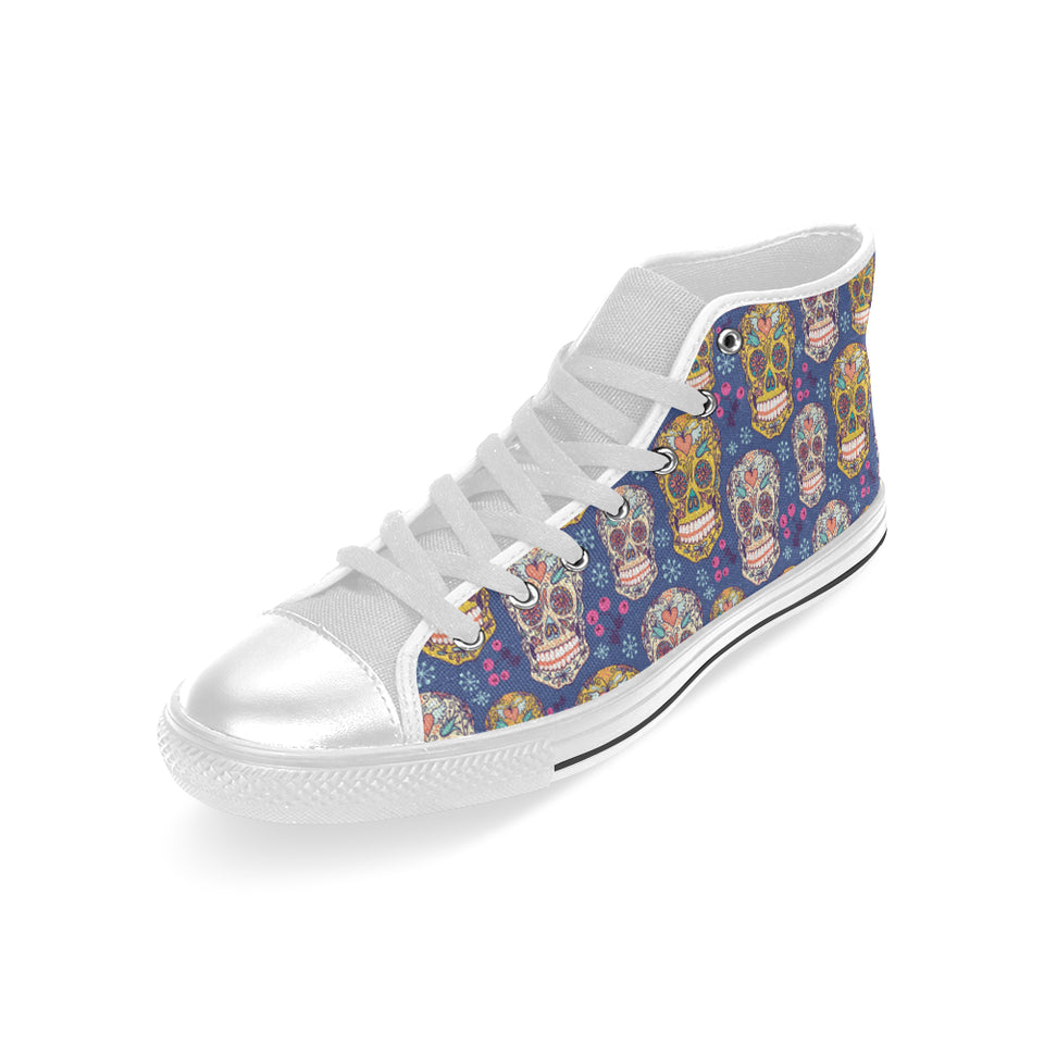 Sugar skull flower pattern Men's High Top Canvas Shoes White