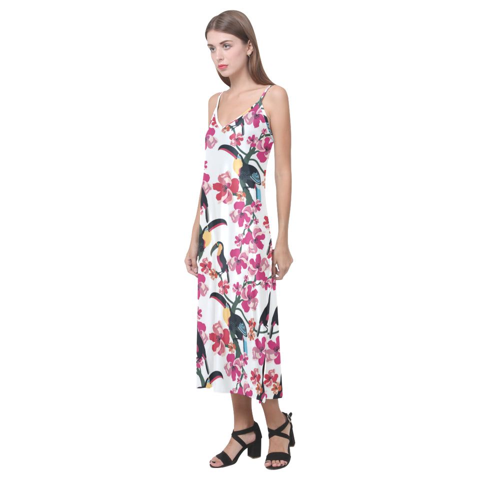 Toucan flower design pattern V-Neck Open Fork Long Dress