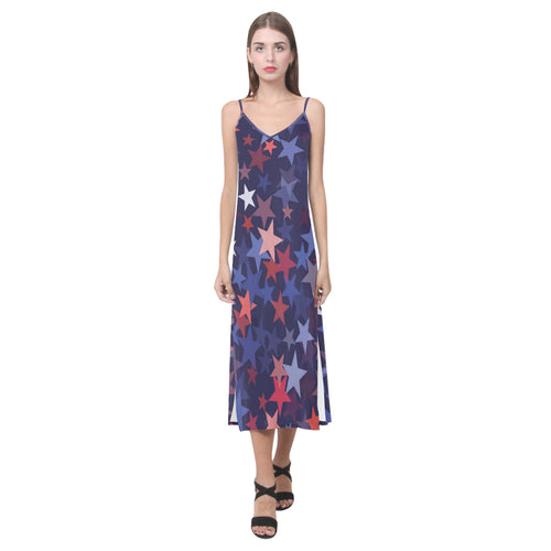 Red blue star pattern V-Neck Open Fork Long Dress