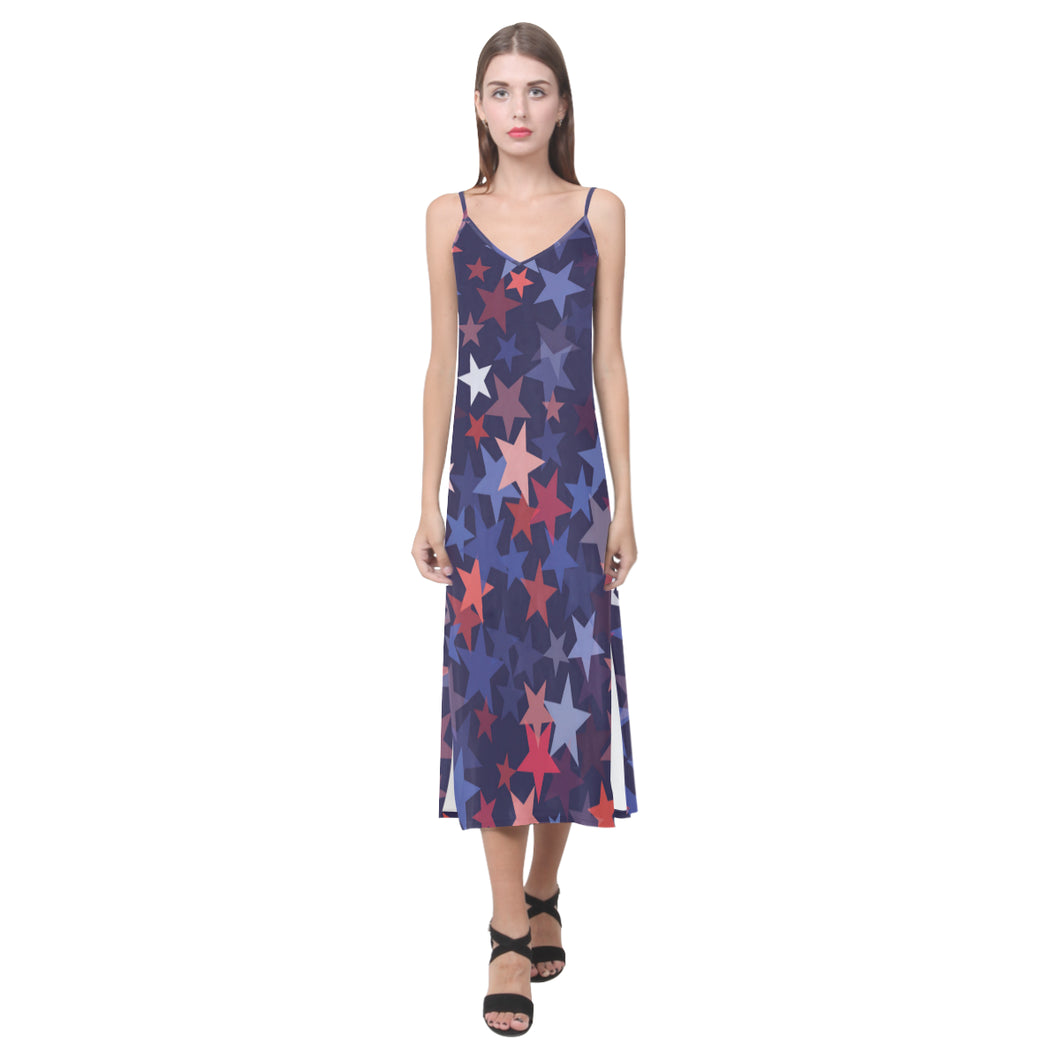 Red blue star pattern V-Neck Open Fork Long Dress