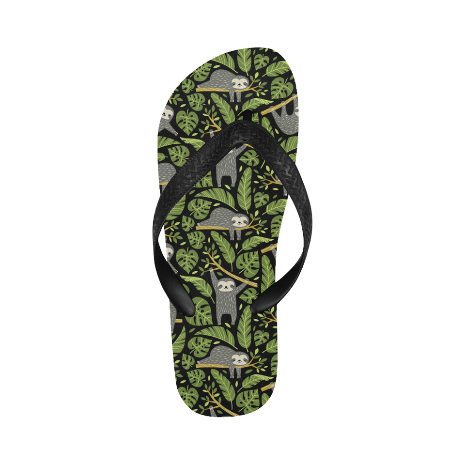 Cute sloths tropical palm leaves black background Unisex Flip Flops