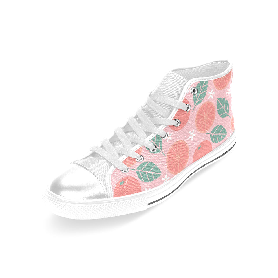 Grapefruit leaves flower pink background Women's High Top Canvas Shoes White
