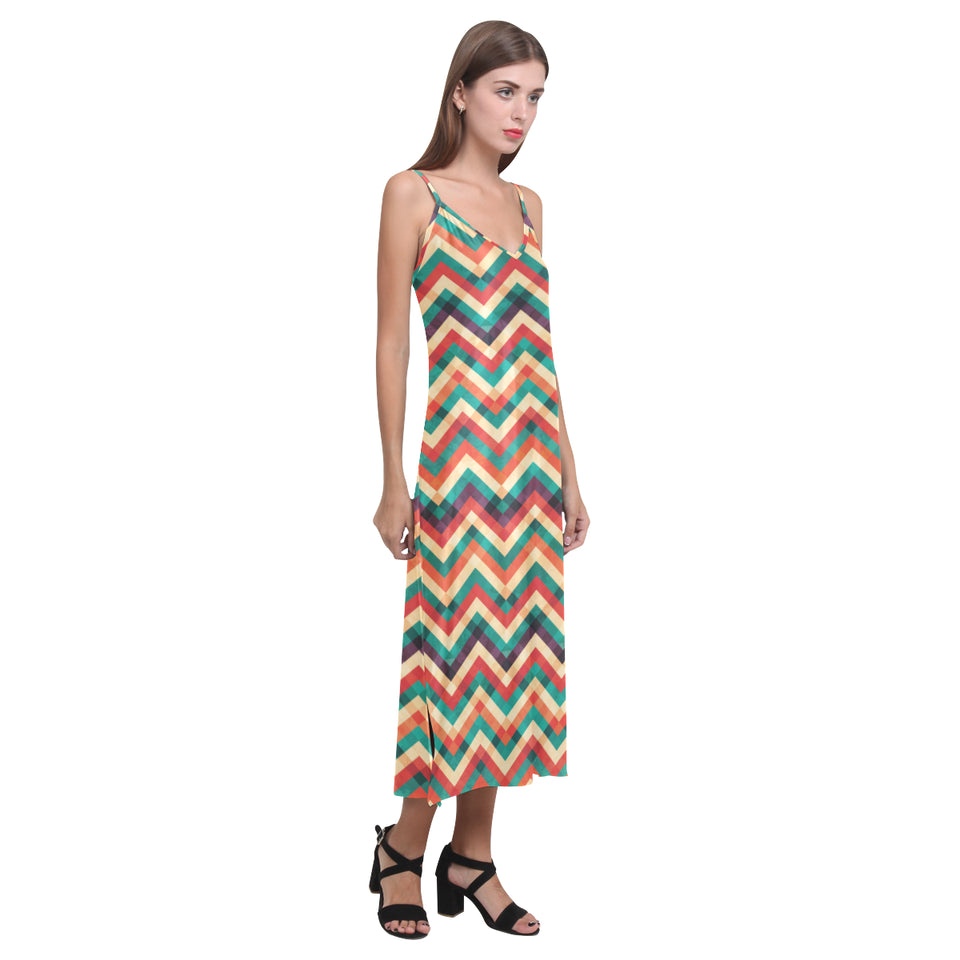 zigzag  chevron colorful pattern V-Neck Open Fork Long Dress
