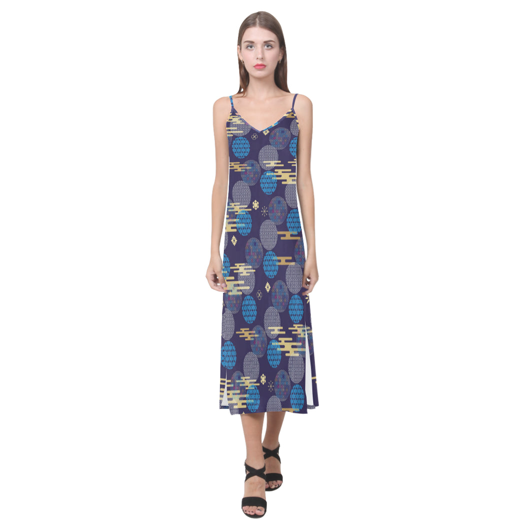 Blue japanese pattern cloud wave flower V-Neck Open Fork Long Dress