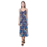 Blue japanese pattern cloud wave flower V-Neck Open Fork Long Dress
