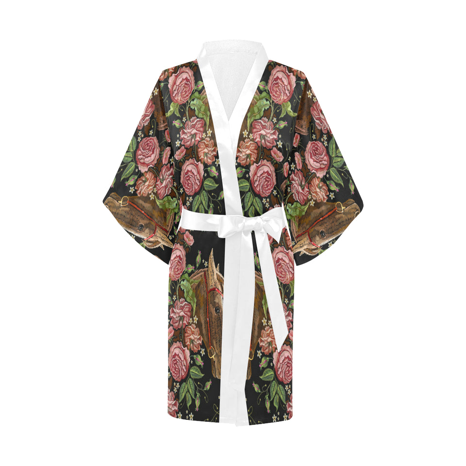 Horse head wild roses pattern Women's Short Kimono Robe