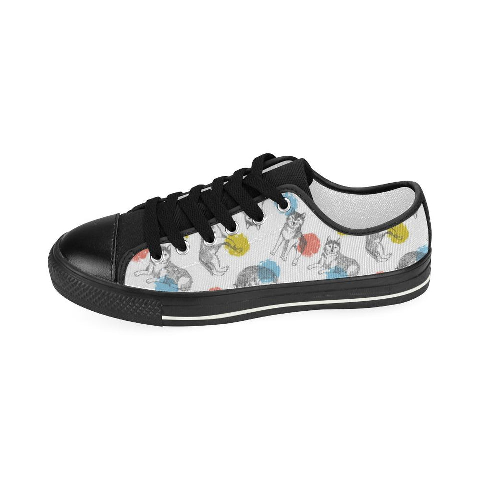Siberian husky and colorful circle pattern Kids' Boys' Girls' Low Top Canvas Shoes Black