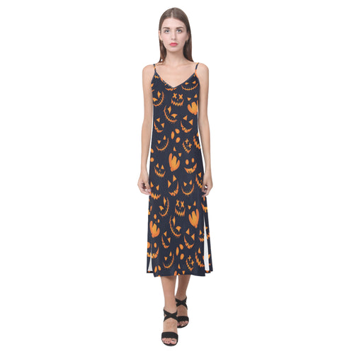 Halloween pattern Pumpkin background V-Neck Open Fork Long Dress