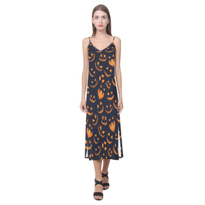 Halloween pattern Pumpkin background V-Neck Open Fork Long Dress
