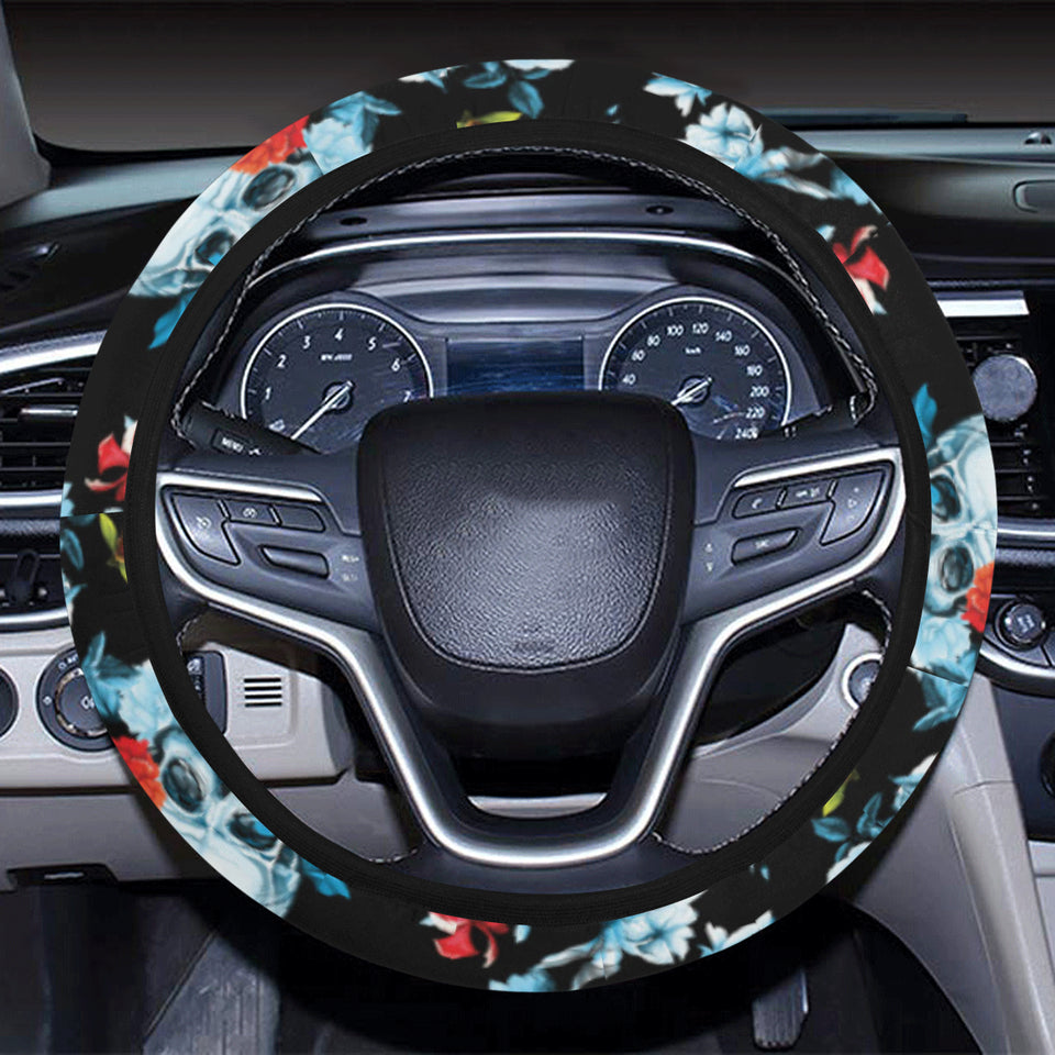 Skull flower roses leave pattern Car Steering Wheel Cover