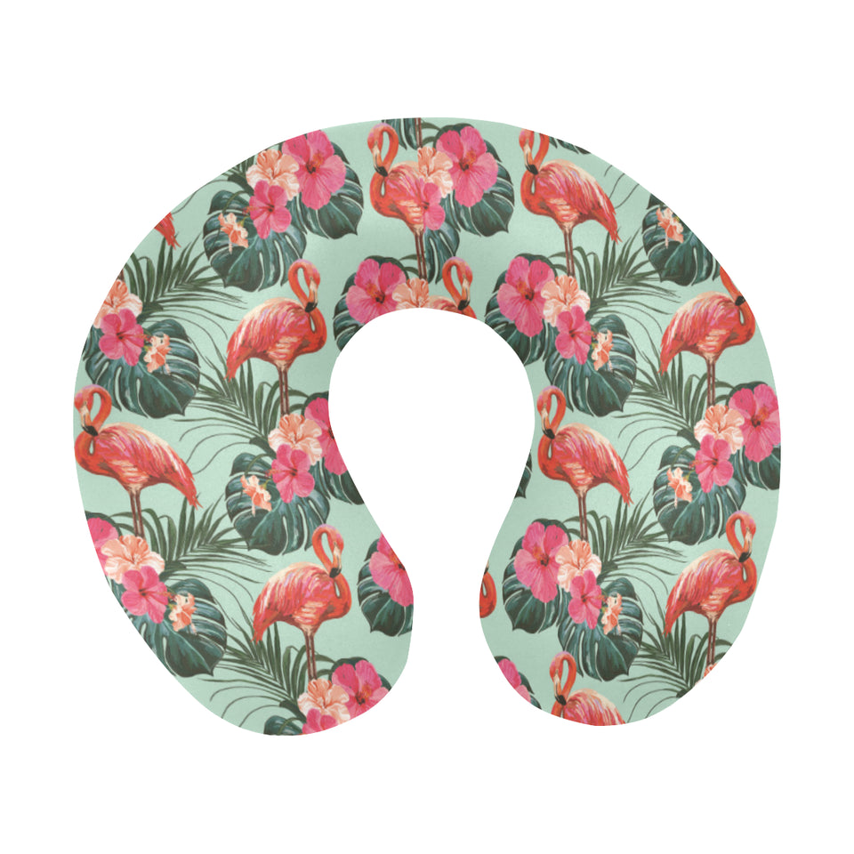 Beautiful flamingo tropical palm leaves hibiscus p U-Shaped Travel Neck Pillow