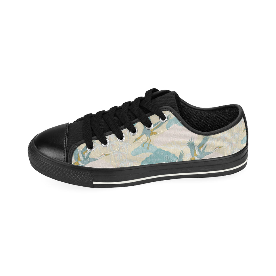 Bonsai bamboo stork japanese pattern cream theme Men's Low Top Canvas Shoes Black