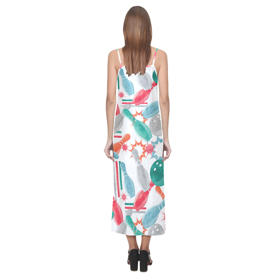 Watercolor bowling pattern V-Neck Open Fork Long Dress