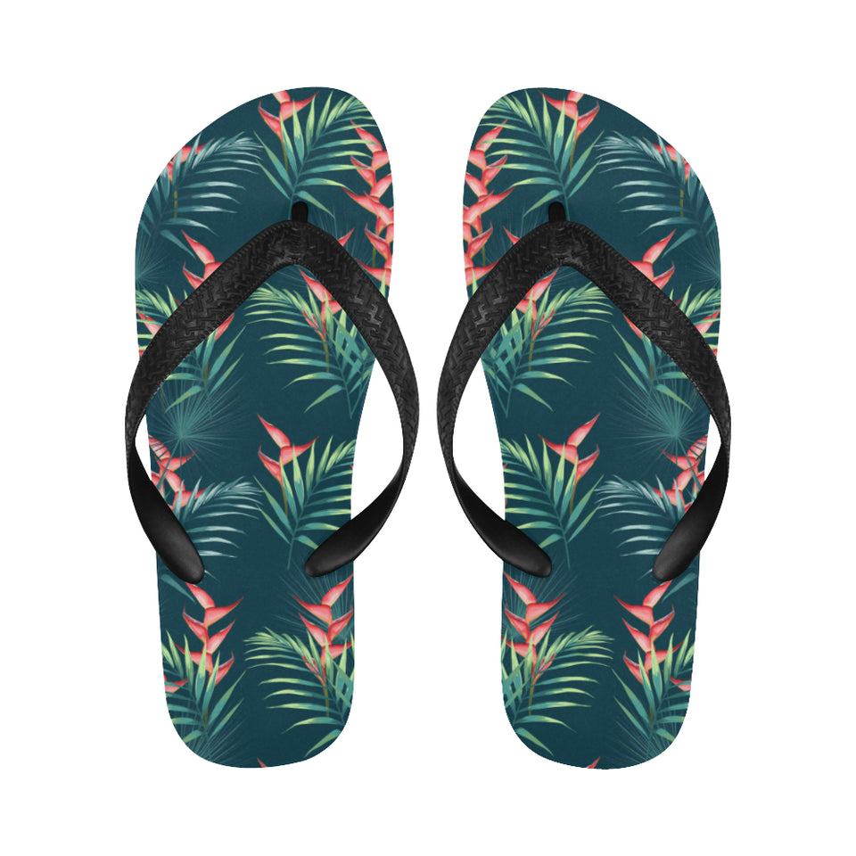 heliconia flowers, palm and monstera leaves on bla Unisex Flip Flops