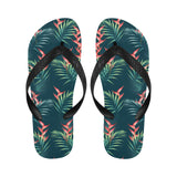 heliconia flowers, palm and monstera leaves on bla Unisex Flip Flops