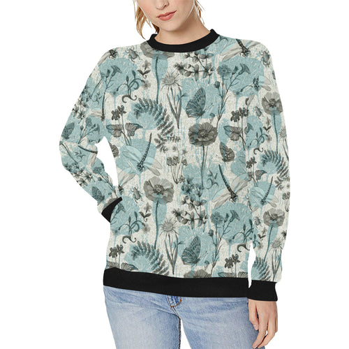 Dragonfly Butterfly Plants insect flower vintage s Women's Crew Neck Sweatshirt