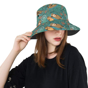 cute brown sea otters ornamental seaweed corals gr Unisex Bucket Hat