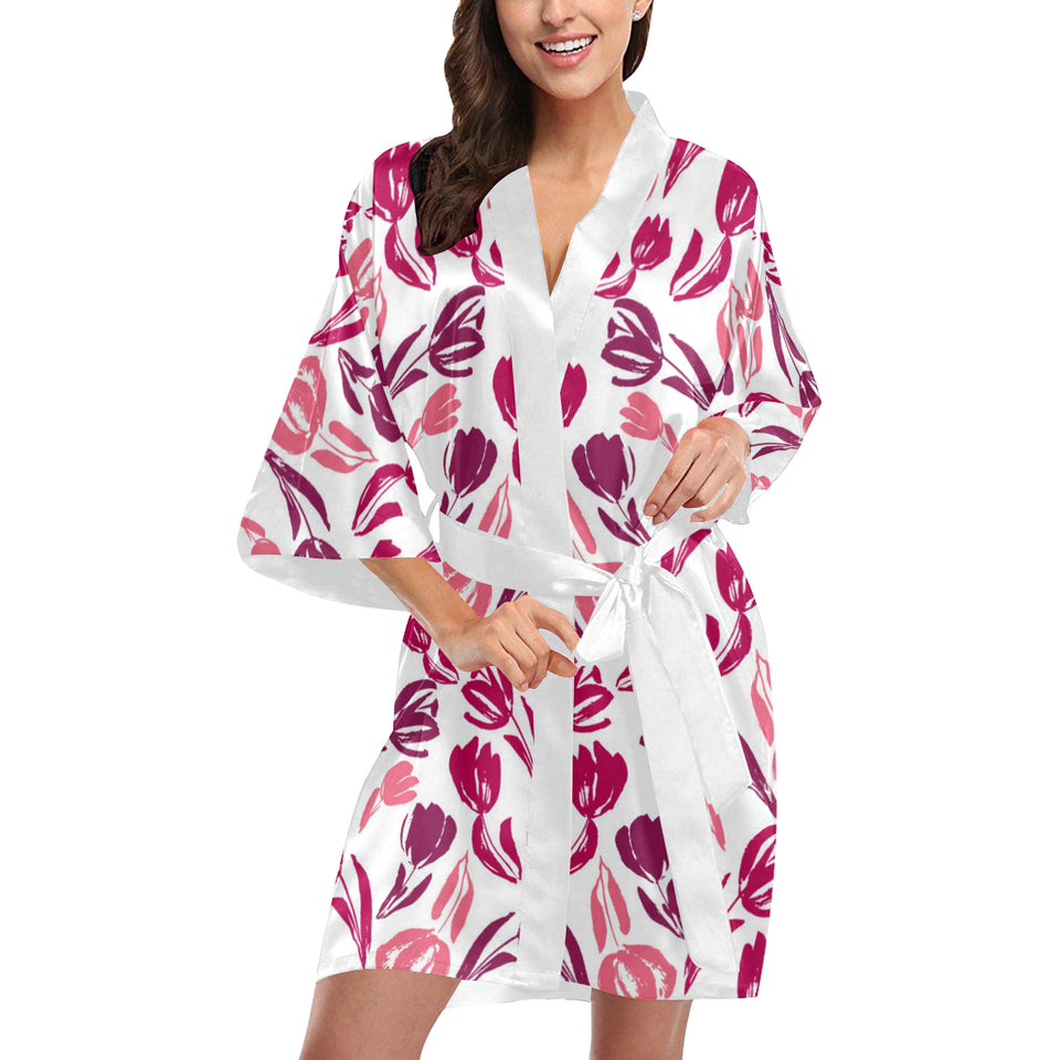 pink sketch tulip pattern Women's Short Kimono Robe