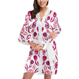 pink sketch tulip pattern Women's Short Kimono Robe