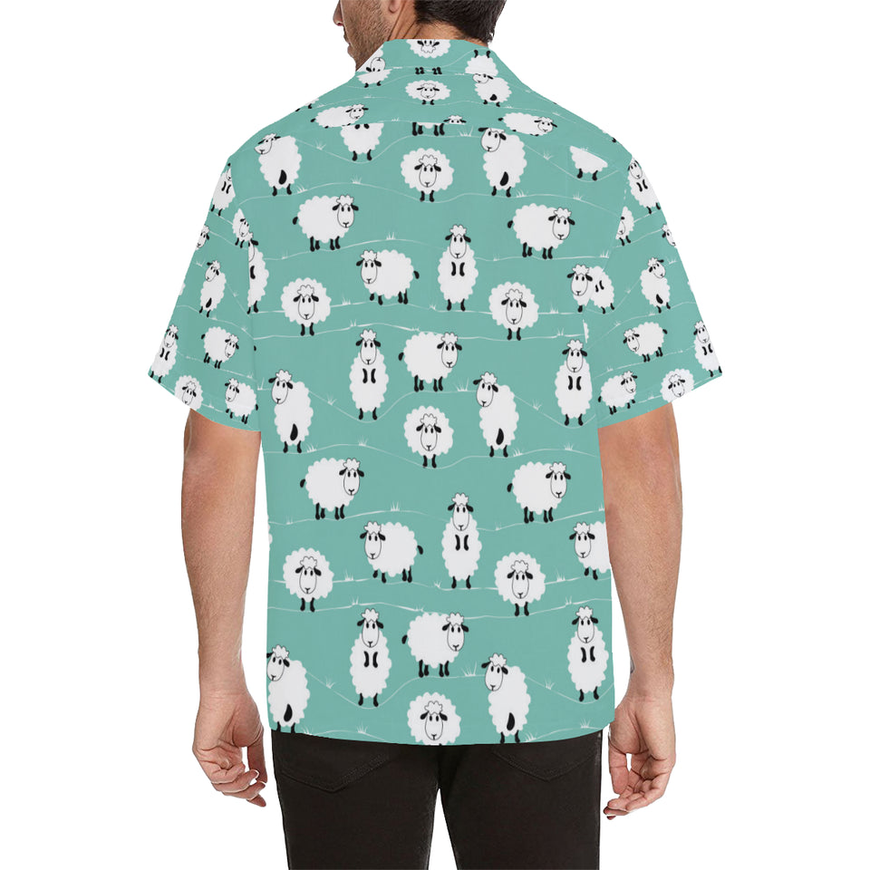 Cute sheep green background Men's All Over Print Hawaiian Shirt