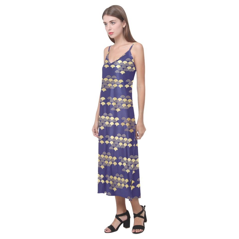 Beautiful japanese fan pattern V-Neck Open Fork Long Dress
