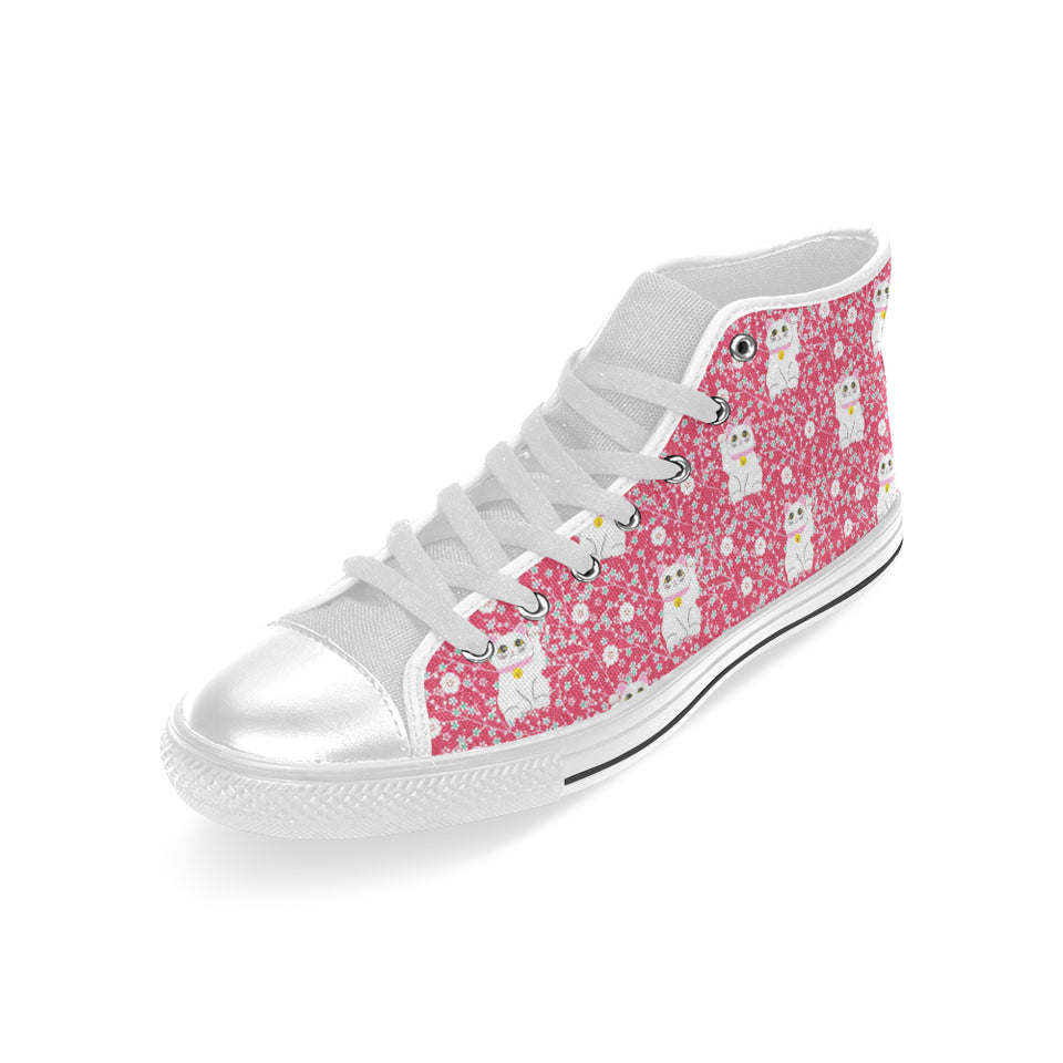 Maneki neko cat sakura pink background Men's High Top Canvas Shoes White
