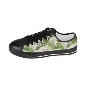 White orchid flower tropical leaves pattern Kids' Boys' Girls' Low Top Canvas Shoes Black