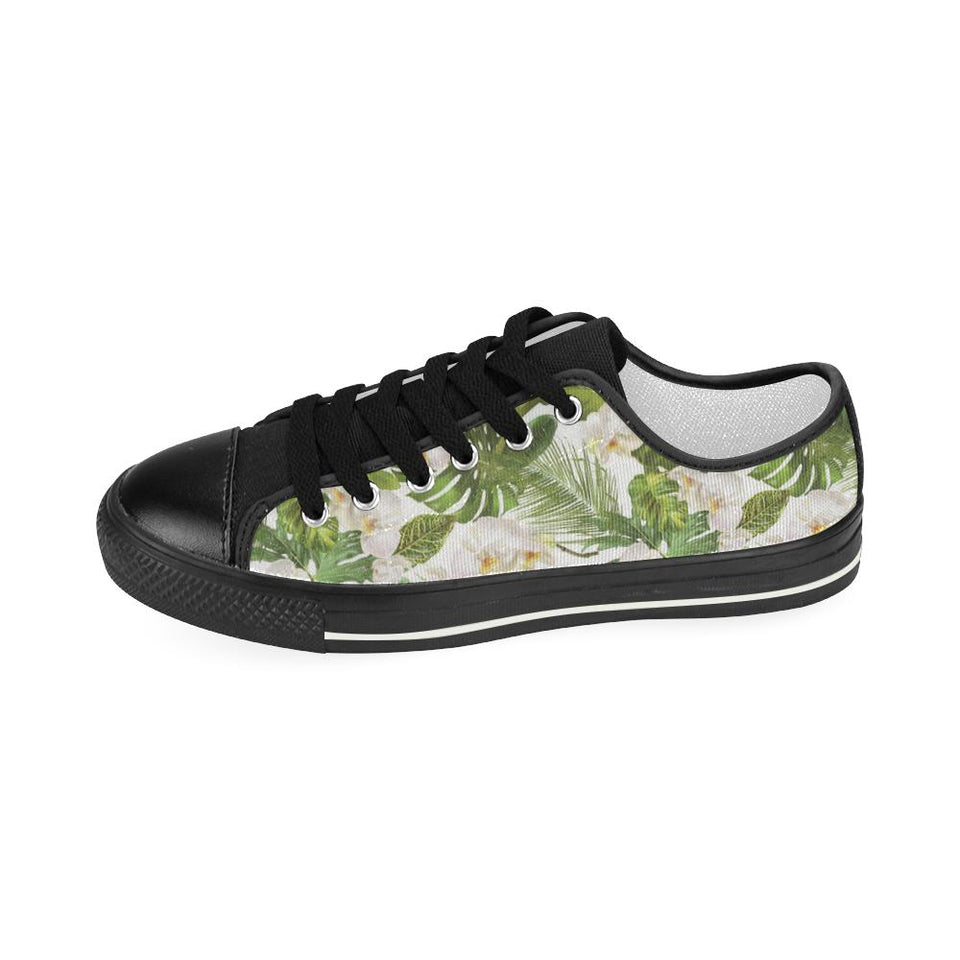 White orchid flower tropical leaves pattern Kids' Boys' Girls' Low Top Canvas Shoes Black