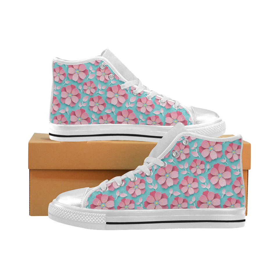 3D sakura cherry blossom pattern Women's High Top Canvas Shoes White