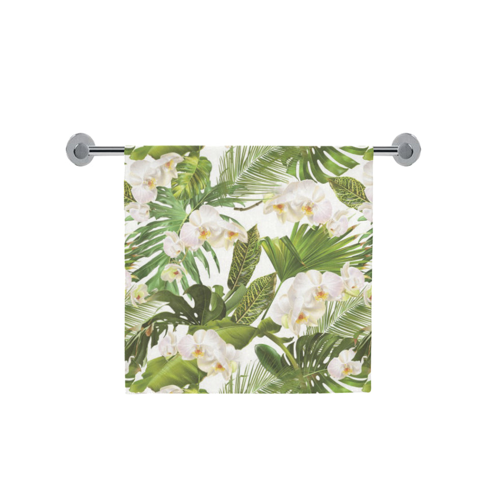 White orchid flower tropical leaves pattern Bath Towel