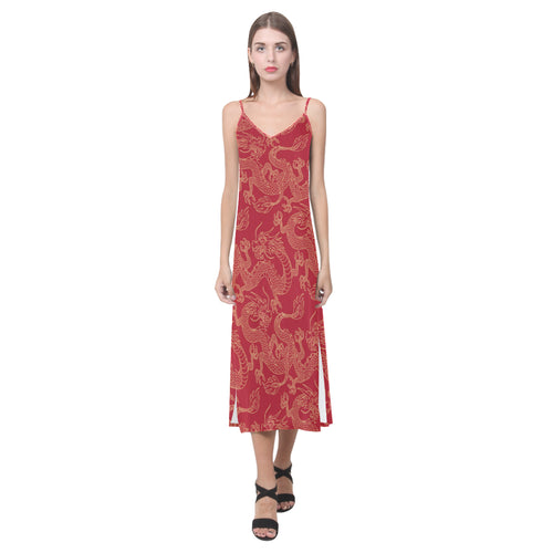 Gold dragons red background V-Neck Open Fork Long Dress
