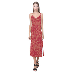 Gold dragons red background V-Neck Open Fork Long Dress