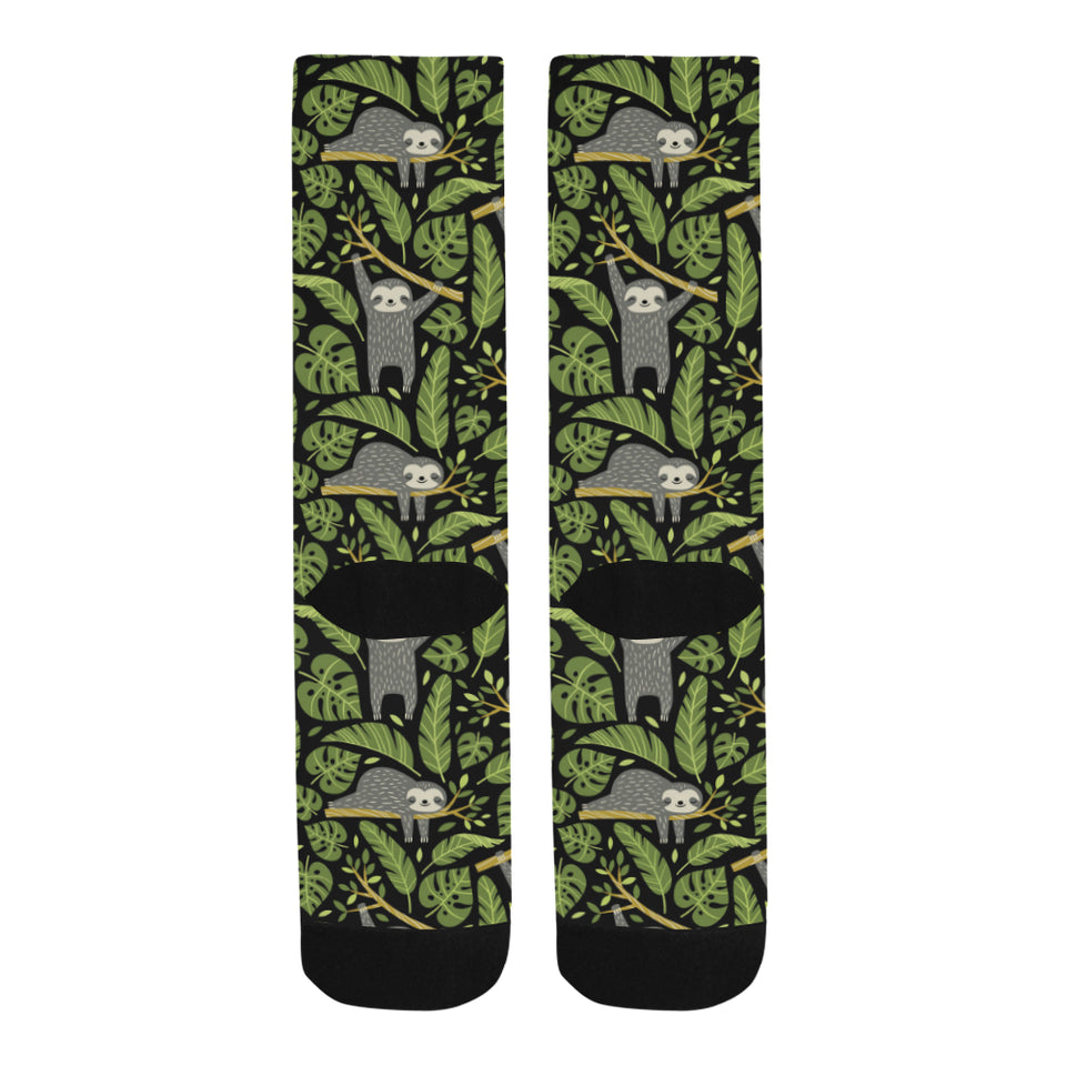 Cute sloths tropical palm leaves black background Crew Socks