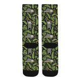 Cute sloths tropical palm leaves black background Crew Socks