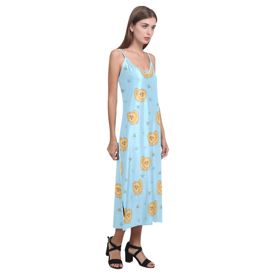Brown cute pomeranian blue blackground V-Neck Open Fork Long Dress