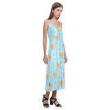 Brown cute pomeranian blue blackground V-Neck Open Fork Long Dress