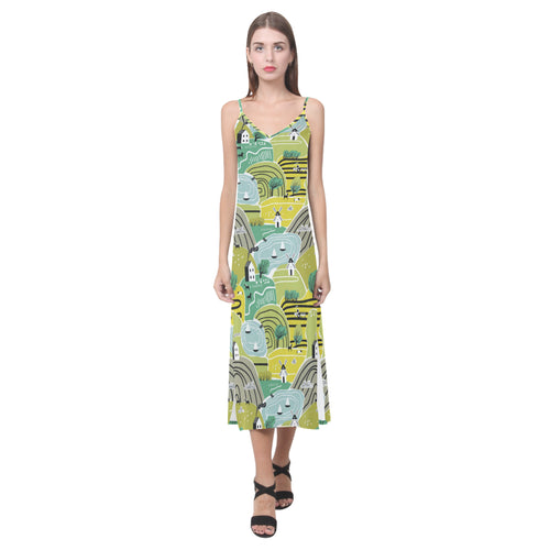 Hand drawn windmill pattern V-Neck Open Fork Long Dress