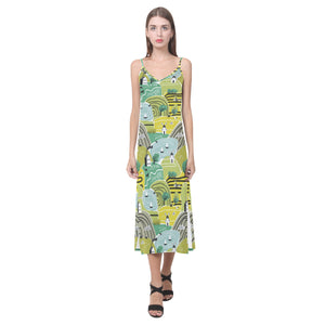 Hand drawn windmill pattern V-Neck Open Fork Long Dress