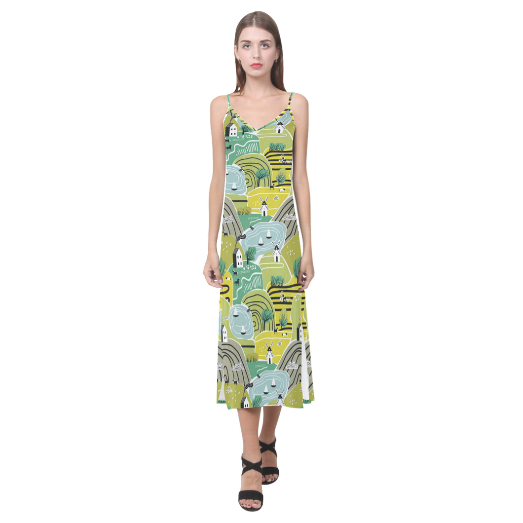 Hand drawn windmill pattern V-Neck Open Fork Long Dress