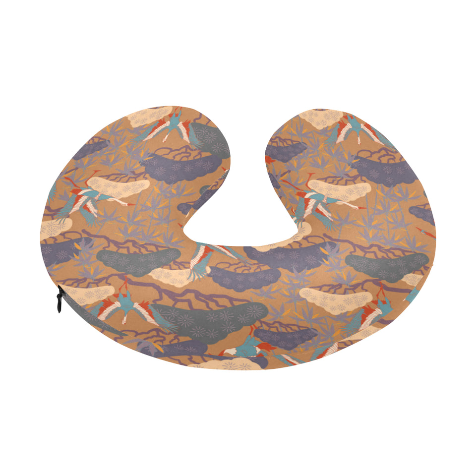 Bonsai bamboo stork japanese pattern brown theme U-Shaped Travel Neck Pillow