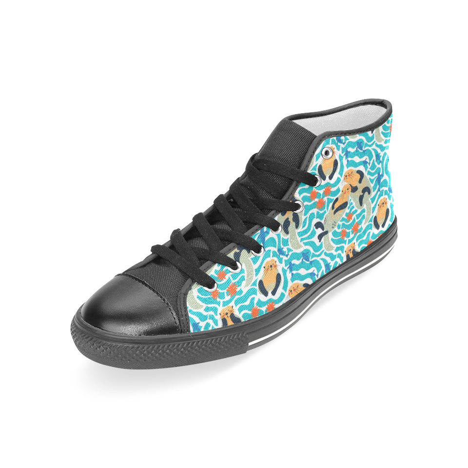 Cute sea otters fishe sea urchin pattern Women's High Top Canvas Shoes Black