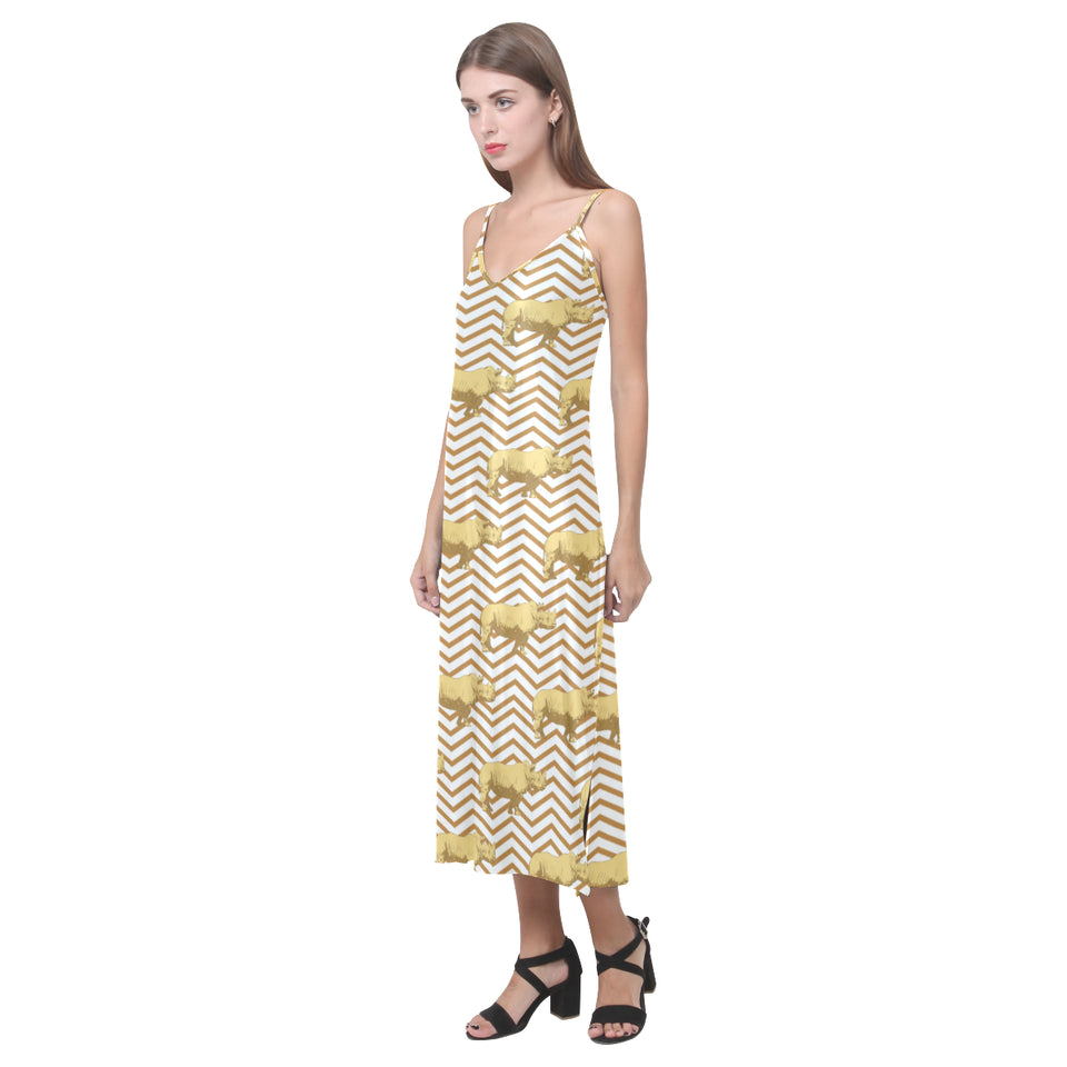Rhino yellow theme pattern V-Neck Open Fork Long Dress