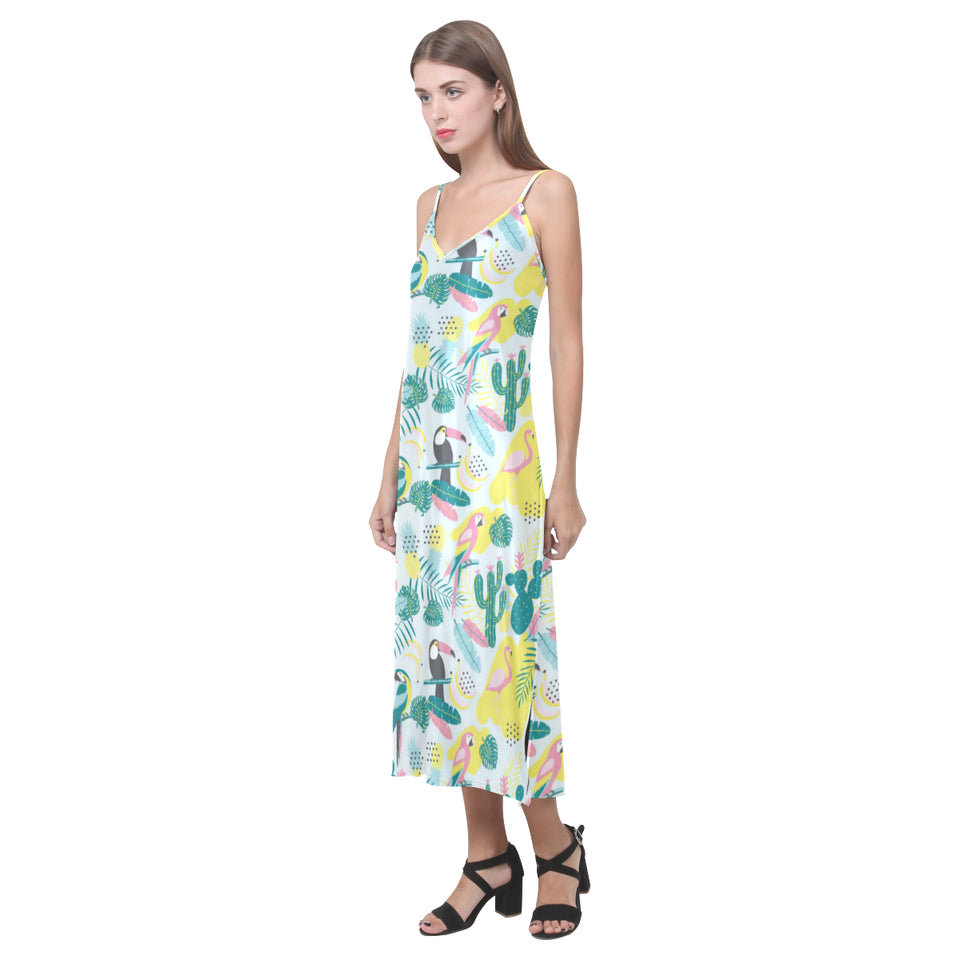Cute parrot toucan flamingo cactus exotic leaves p V-Neck Open Fork Long Dress