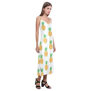 Pineapples pattern V-Neck Open Fork Long Dress