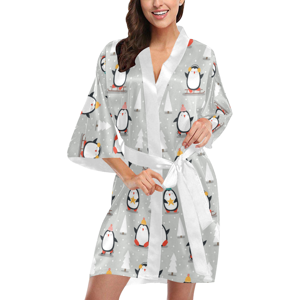 Cute Penguin christmas pattern Women's Short Kimono Robe