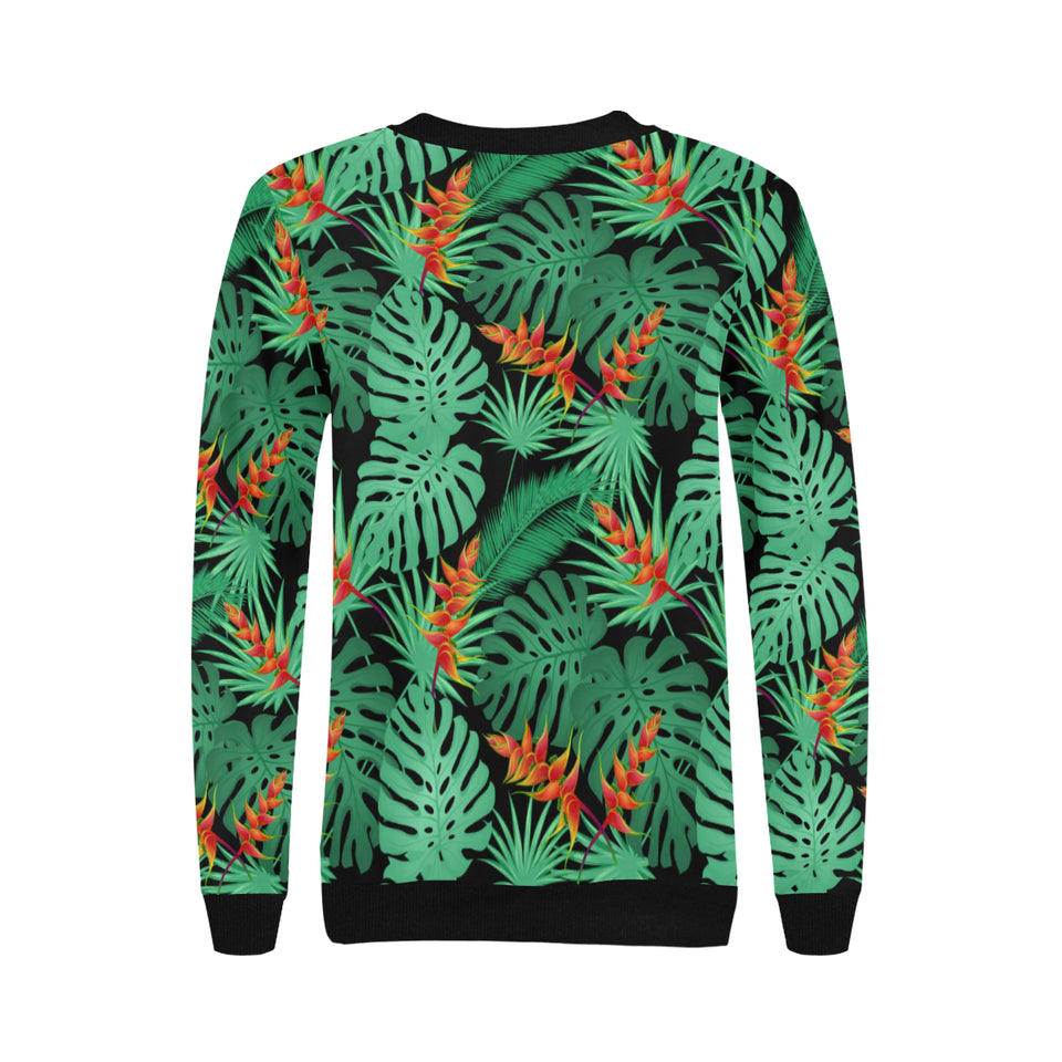 heliconia flower palm monstera leaves black backgr Women's Crew Neck Sweatshirt