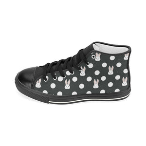 Cute white rabbit polka dots black background Women's High Top Canvas Shoes Black